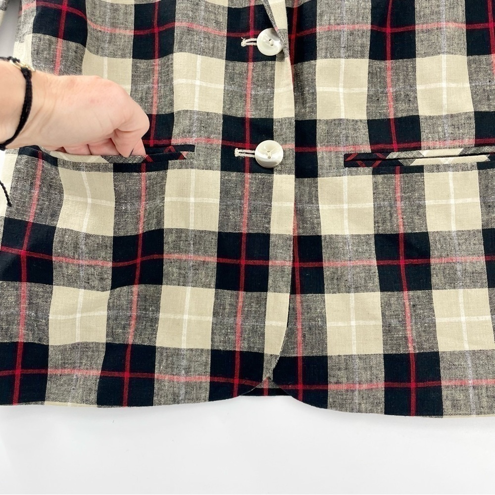SAG HARBOR plaid‎ vintage Linen Neutral Check Plaid Retro Long Line Blazer 6P - Picture 6 of 11